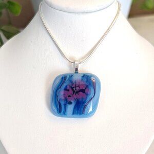 Asymmetrical blue purple flower pendant necklace, Unique handmade art jewelry